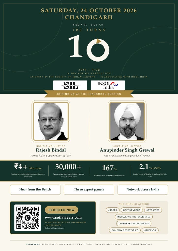 IBC Turns 10 Official Conference Poster - Society of Indian Lawyers & INSOL India